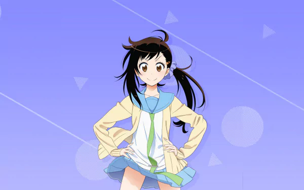 A vibrant HD wallpaper featuring Haru Onodera from the anime Nisekoi, showcasing her in a playful pose with a light blue skirt against a soft purple background.