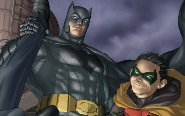 HD PC wallpaper featuring Batman and Damian Wayne as Robin from DC Comics in a dynamic comic-style scene.