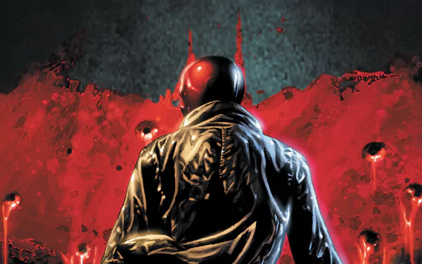 A striking HD desktop wallpaper featuring Red Hood, showcasing a dramatic scene with vibrant red backgrounds and an enigmatic figure in a dark jacket, poised against the chaos.