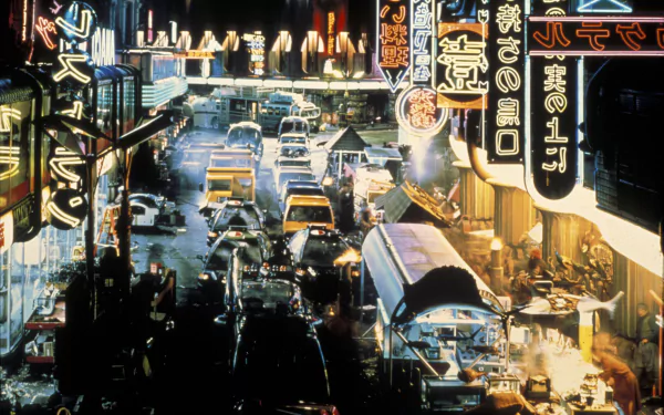 A vibrant city scene from Blade Runner, featuring neon lights and busy streets, serving as an evocative HD desktop wallpaper and background.