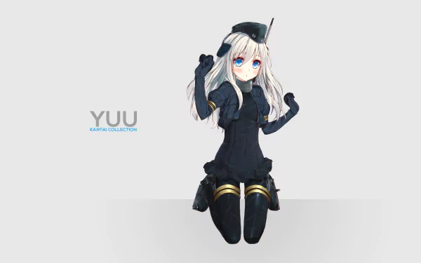 Anime-inspired HD wallpaper featuring Yuu from Kantai Collection, showcasing a character with striking blue eyes and a black outfit, set against a minimalist background.
