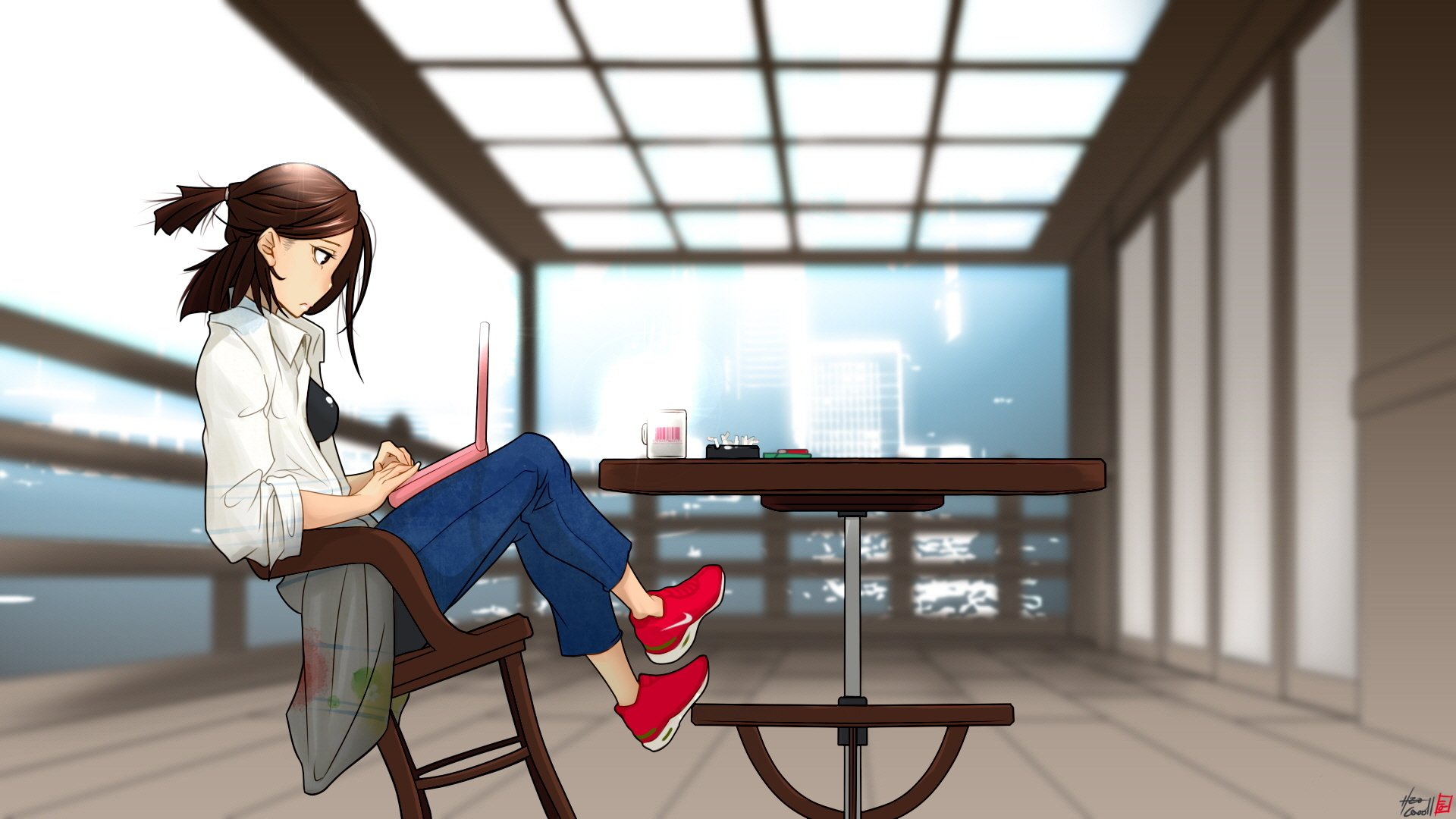 Anime-style original HD PC desktop wallpaper featuring a young woman working on a laptop in a bright, modern room with large windows and city view.