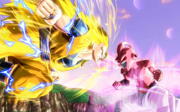 HD PC desktop wallpaper featuring an intense battle scene from the video game Dragon Ball Xenoverse with vibrant energy effects and dynamic character poses.