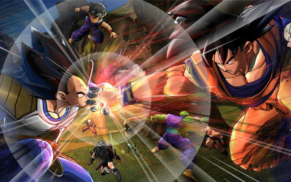HD PC desktop wallpaper featuring an intense battle scene from the video game Dragon Ball Xenoverse with iconic characters clashing in dynamic action.