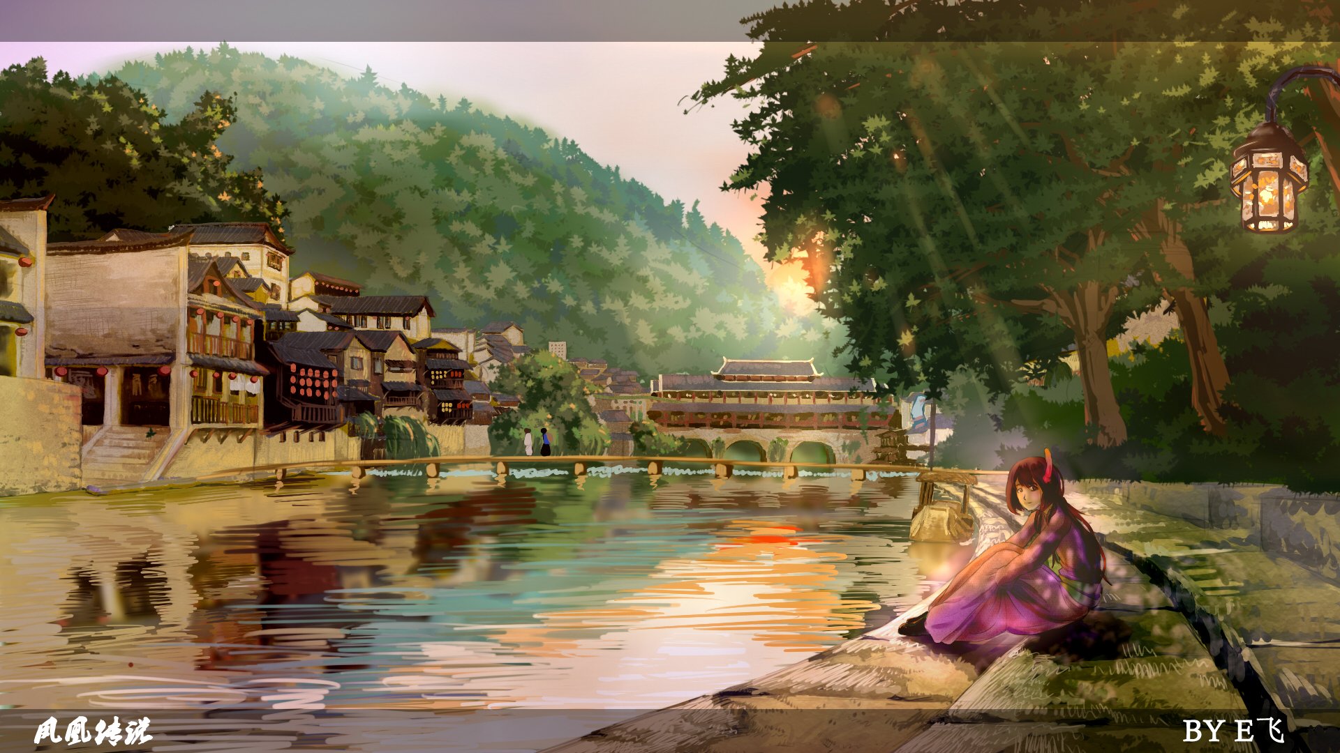 A serene anime scene featuring a tranquil river, lush trees, and rustic buildings at sunset, creating a captivating HD desktop wallpaper.