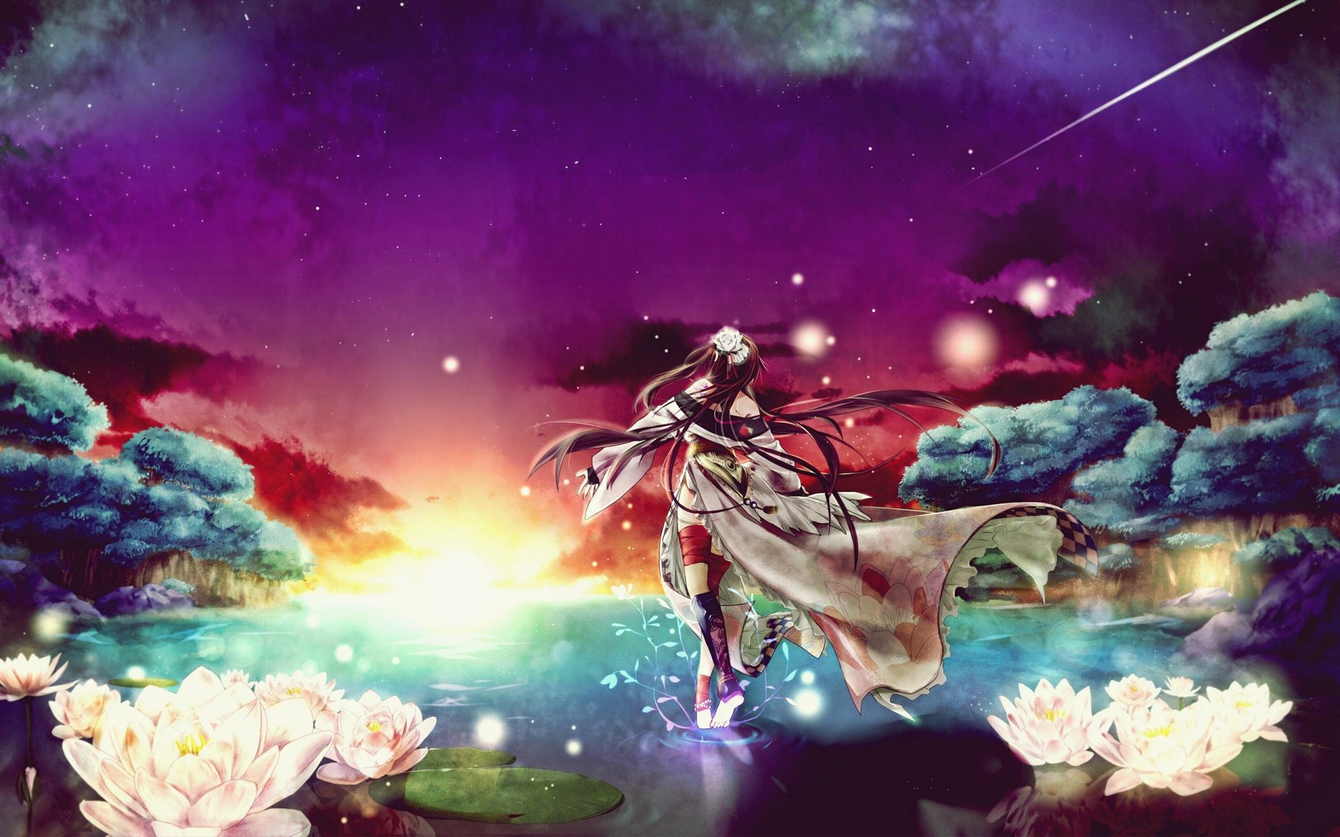 A vibrant anime scene features a figure standing in water among blooming lilies, set against a captivating sunset and starry sky. This HD wallpaper offers a stunning original background.