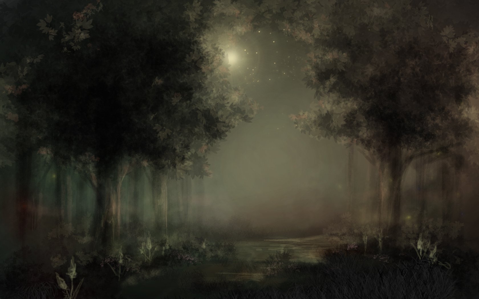 HD anime desktop wallpaper depicting a misty forest at night, with dense trees and a glowing moon peeking through the foggy atmosphere.