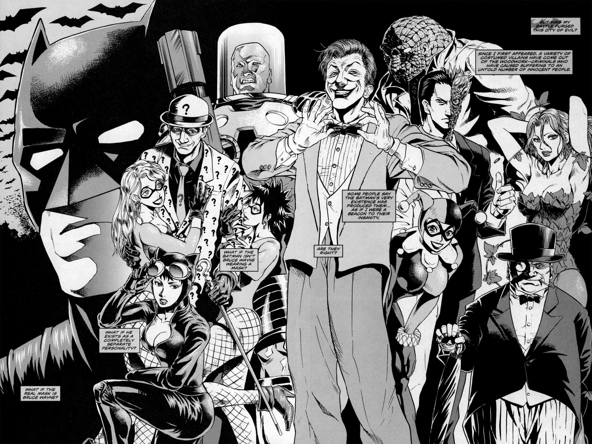 A dynamic black-and-white illustration featuring iconic DC Comics characters: Batman, Joker, Harley Quinn, Two-Face, Poison Ivy, Penguin, Mr. Freeze, Riddler, and Catwoman.