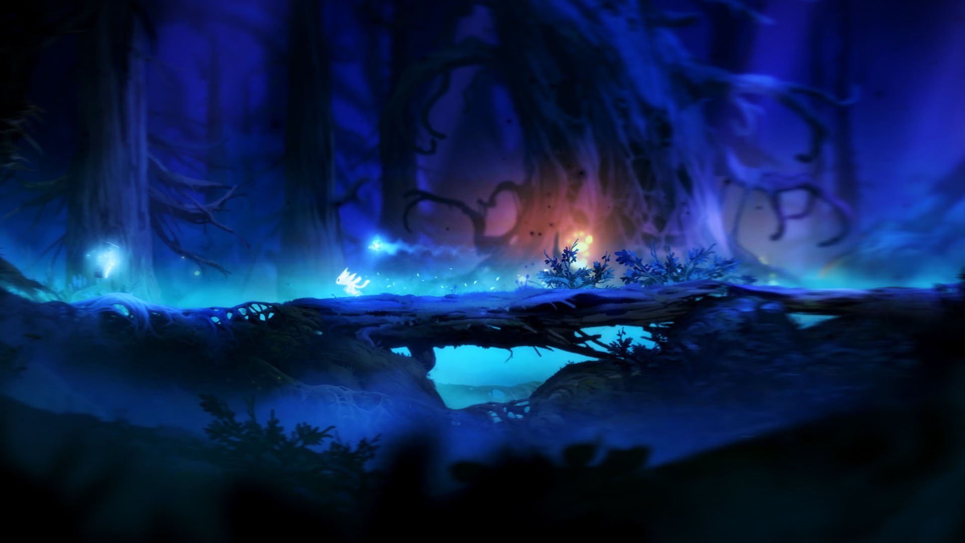 HD desktop wallpaper from Ori and the Blind Forest featuring atmospheric forest scenery with glowing elements and Ori's silhouette.