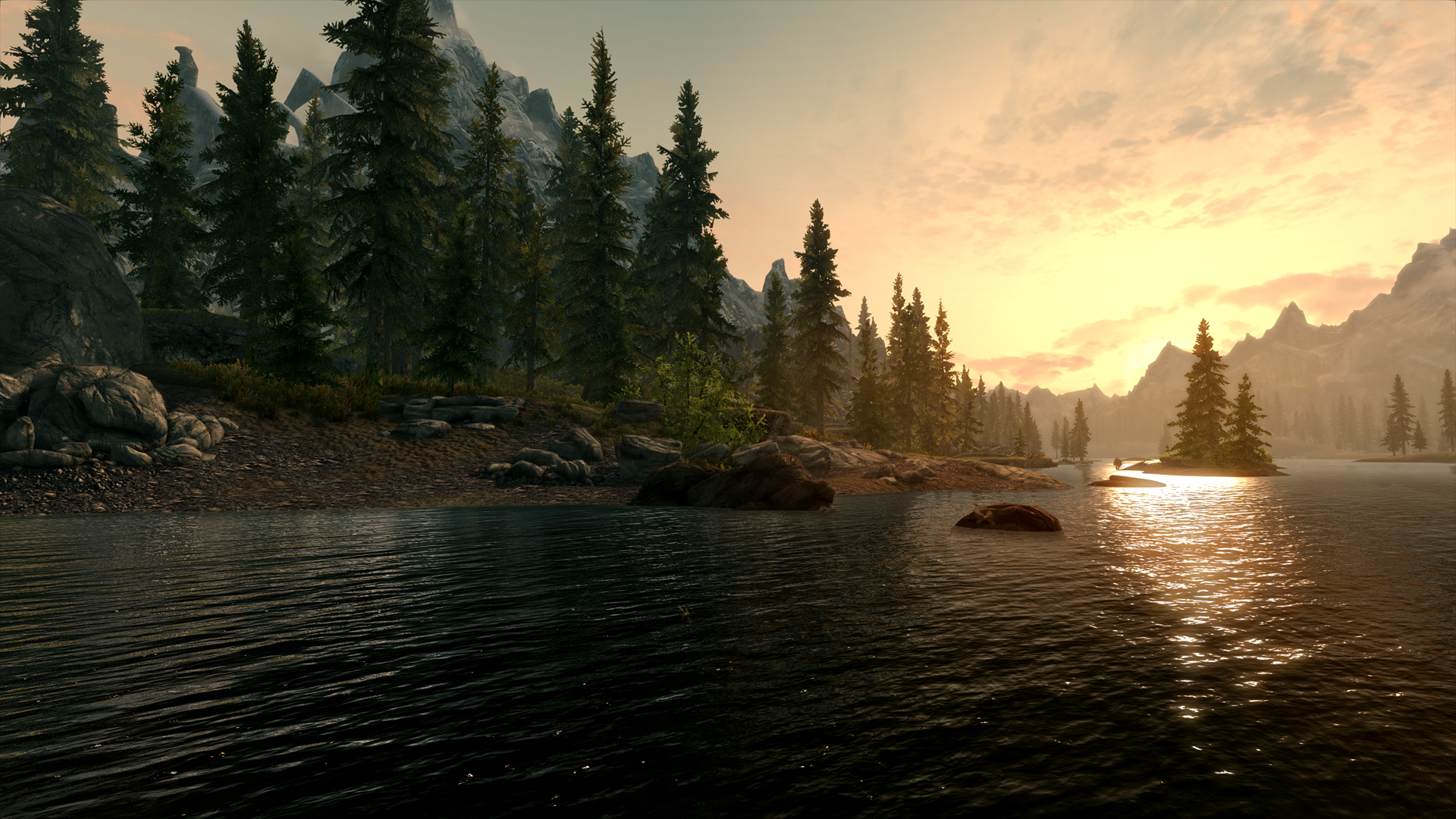 A serene HD wallpaper from The Elder Scrolls V: Skyrim, featuring a tranquil lake surrounded by lush trees and mountains at sunset, capturing the game's stunning landscapes.
