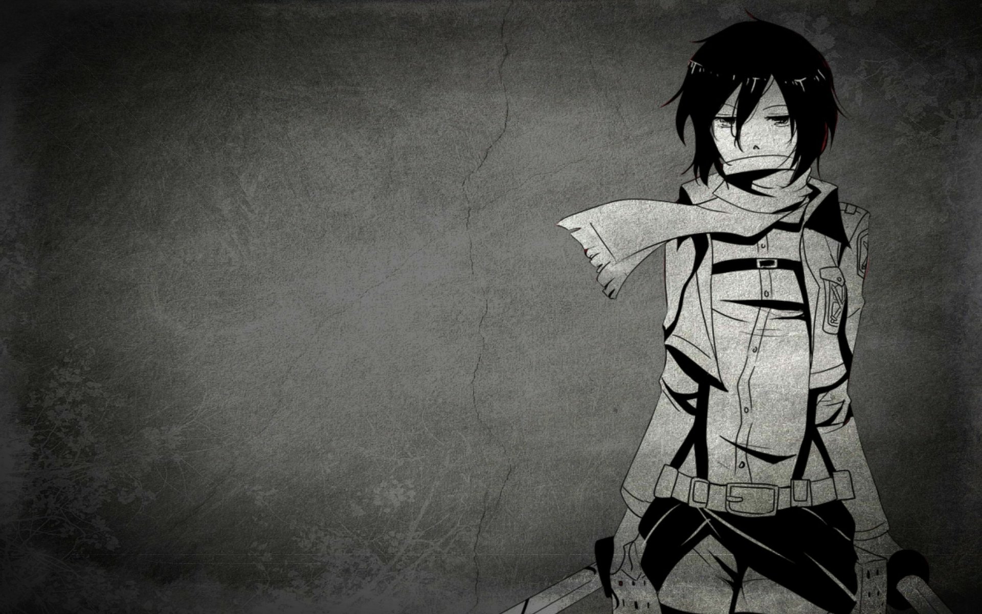 Mikasa Ackerman stands confidently with her weapon in this HD desktop wallpaper from Attack on Titan, set against a textured gray background.