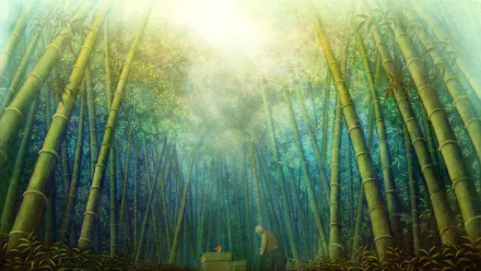 HD anime forest scene with tall bamboo trees and sunlight filtering through the canopy, creating a serene and mystical atmosphere for a PC desktop wallpaper.