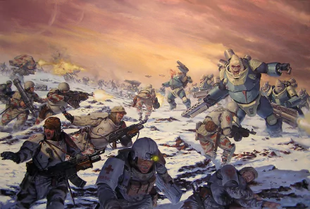 Sci‑fi battle across a snowy plain: infantry and towering powered armor clash beneath an orange dawn — HD PC desktop wallpaper/background.