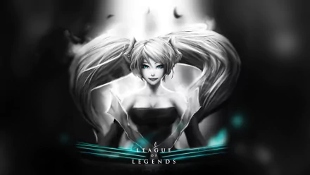 Sona from League of Legends appears in this HD desktop wallpaper, showcasing her enchanting presence with flowing hair and a mystical background.