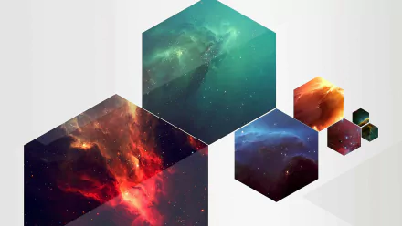 Abstract HD PC desktop wallpaper featuring vibrant hexagons filled with cosmic and nebula-like patterns against a light geometric background.