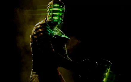 Dead Space video game HD PC desktop wallpaper: armored protagonist in glowing green RIG helmet and suit holds a weapon against a dark, eerie backdrop.