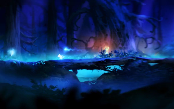 HD desktop wallpaper from Ori and the Blind Forest featuring atmospheric forest scenery with glowing elements and Ori's silhouette.