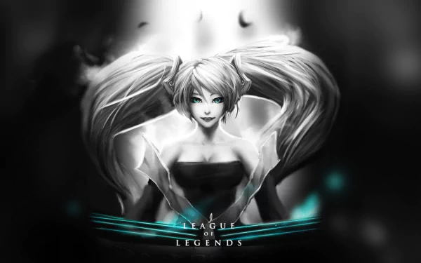 Sona from League of Legends appears in this HD desktop wallpaper, showcasing her enchanting presence with flowing hair and a mystical background.