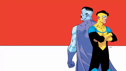 HD desktop wallpaper of Invincible heroes Mark Grayson and Omni-Man from Image Comics, standing back-to-back against a bold red and white minimalist background.