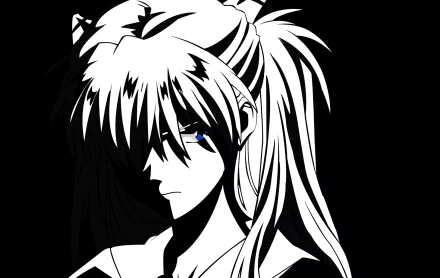 Black-and-white HD anime desktop wallpaper featuring a close-up of a character from Evangelion: 2.0 You Can (Not) Advance, with striking blue eyes against a dark background.