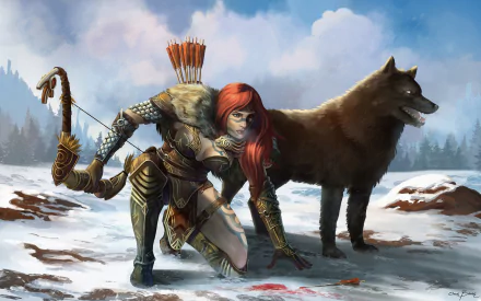 HD desktop wallpaper from the video game Guild Wars 2, featuring a red-haired archer crouched in a snowy forest beside a large wolf under a cloudy sky.