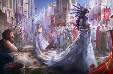 A captivating fantasy scene featuring a woman in an ornate gown, surrounded by a diverse crowd and vibrant architecture, set against a backdrop of petals in an 8K Ultra HD wallpaper.