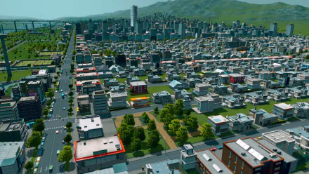 HD wallpaper of a vibrant Cities: Skylines game scene, showing a bustling virtual cityscape with buildings and streets.