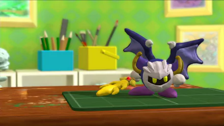 HD desktop wallpaper featuring a character from Kirby and the Rainbow Curse, set against an animated backdrop of a colorful room with art supplies.