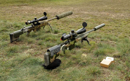 A high-definition desktop wallpaper featuring two sniper rifles on grassy terrain, showcasing detailed man-made design elements.