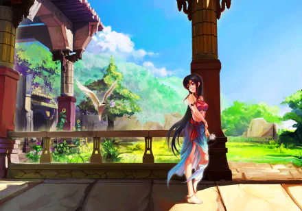 Anime-style summer scene featuring a girl standing on a veranda with flowers and a bird in flight, rendered in vibrant colors for an HD PC desktop wallpaper.