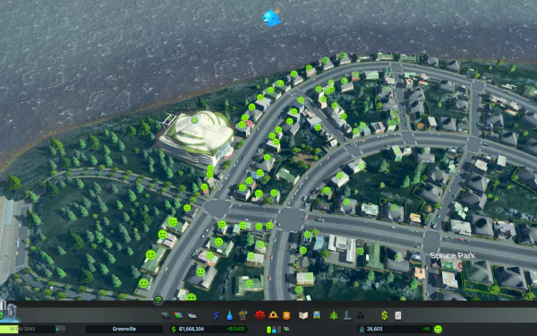 HD desktop wallpaper featuring an aerial view of a Cities: Skylines virtual cityscape with roads and green spaces.