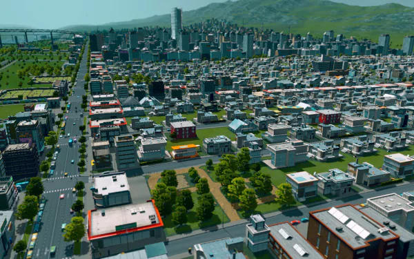 HD wallpaper of a vibrant Cities: Skylines game scene, showing a bustling virtual cityscape with buildings and streets.