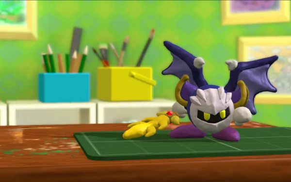 HD desktop wallpaper featuring a character from Kirby and the Rainbow Curse, set against an animated backdrop of a colorful room with art supplies.