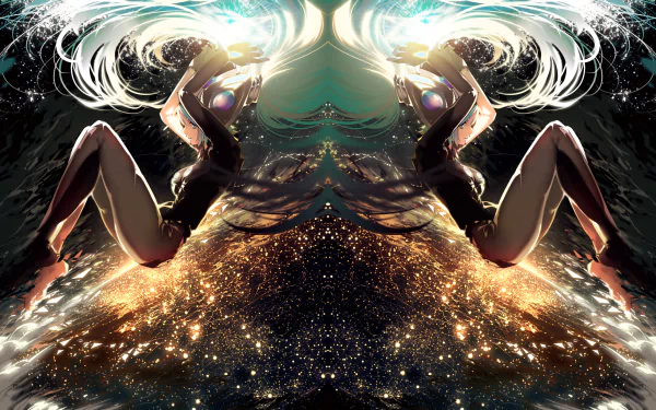 HD PC desktop wallpaper featuring DJ Sona from League of Legends with dynamic light effects and an ethereal, mirrored composition.