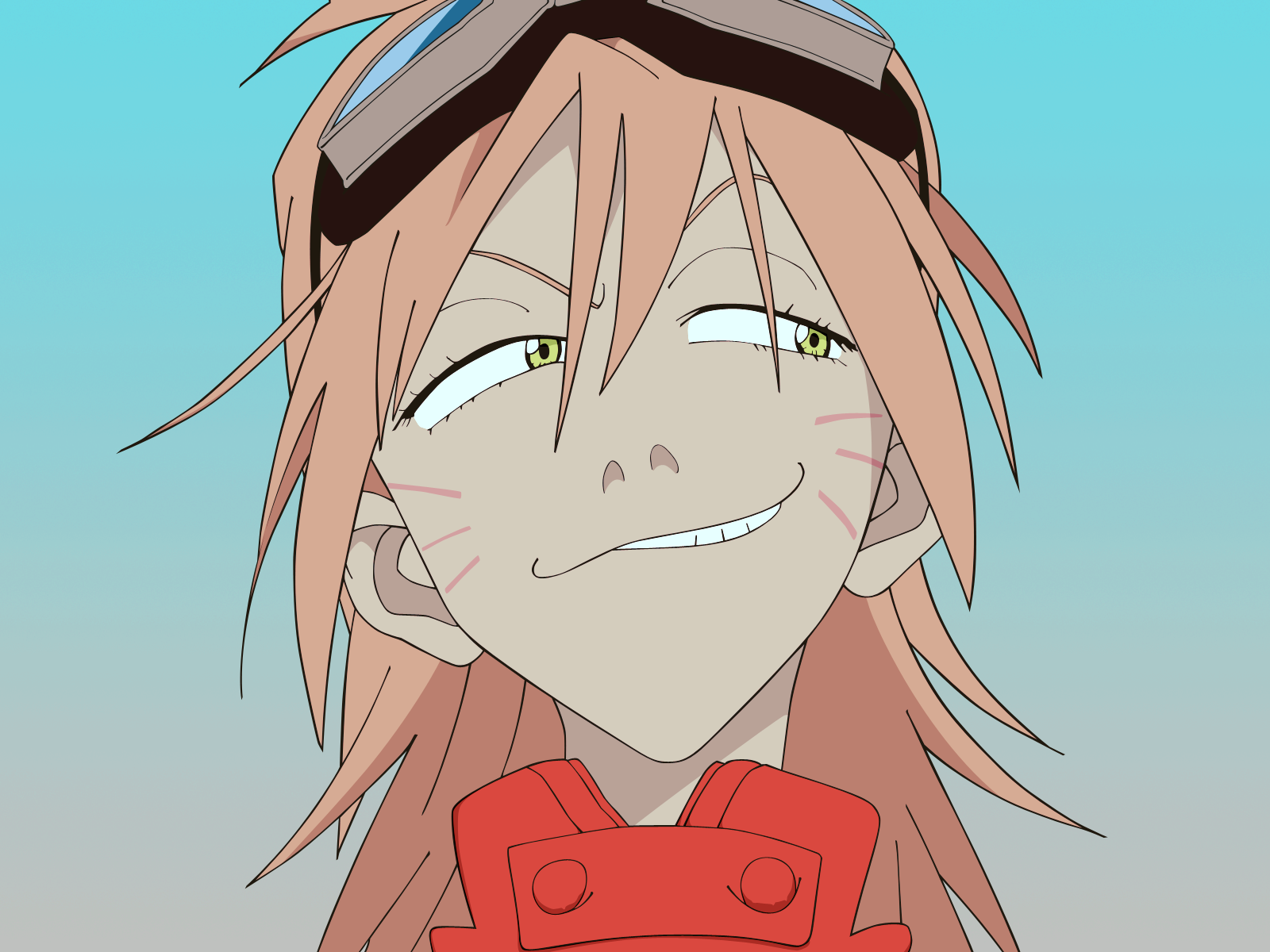 FLCL anime HD PC desktop wallpaper: close-up of a smirking pink-haired character with goggles and whisker-like facial marks against a soft blue sky.