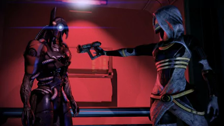 Mass Effect 2 HD PC wallpaper: Tali'Zorah points a pistol at Legion in a red-lit ship interior.
