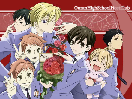 HD anime desktop wallpaper featuring the main characters of Ouran High School Host Club, with vibrant colors and elegant poses against a red background.