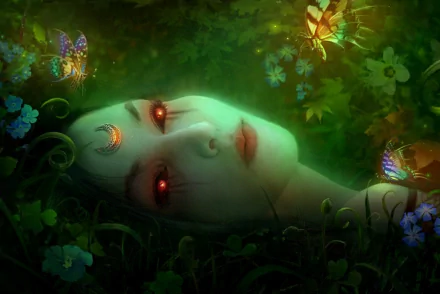 HD fantasy desktop wallpaper featuring a woman with glowing red eyes surrounded by butterflies and lush green foliage in a mystical, ethereal setting.