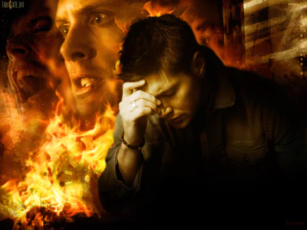 A dramatic HD wallpaper from the TV show *Supernatural*, featuring a character deep in thought, surrounded by fiery imagery and intense expressions.