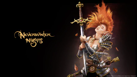HD PC desktop wallpaper featuring a fiery-haired armored warrior holding a sword, with the Neverwinter Nights video game logo on a dark background.