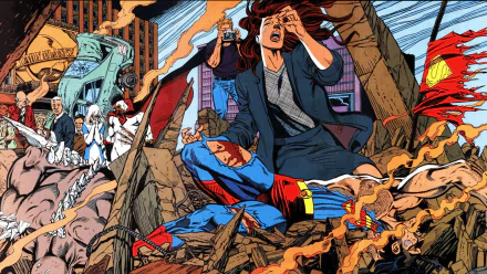 Comic HD PC desktop wallpaper/background — The Death of Superman: mortally wounded Superman lies in rubble while a grieving woman kneels beside him amid a ruined city and shocked onlookers.