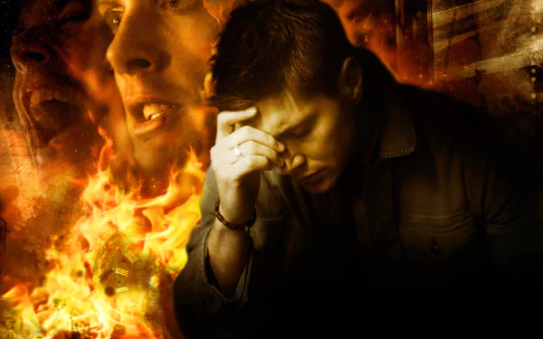 A dramatic HD wallpaper from the TV show *Supernatural*, featuring a character deep in thought, surrounded by fiery imagery and intense expressions.