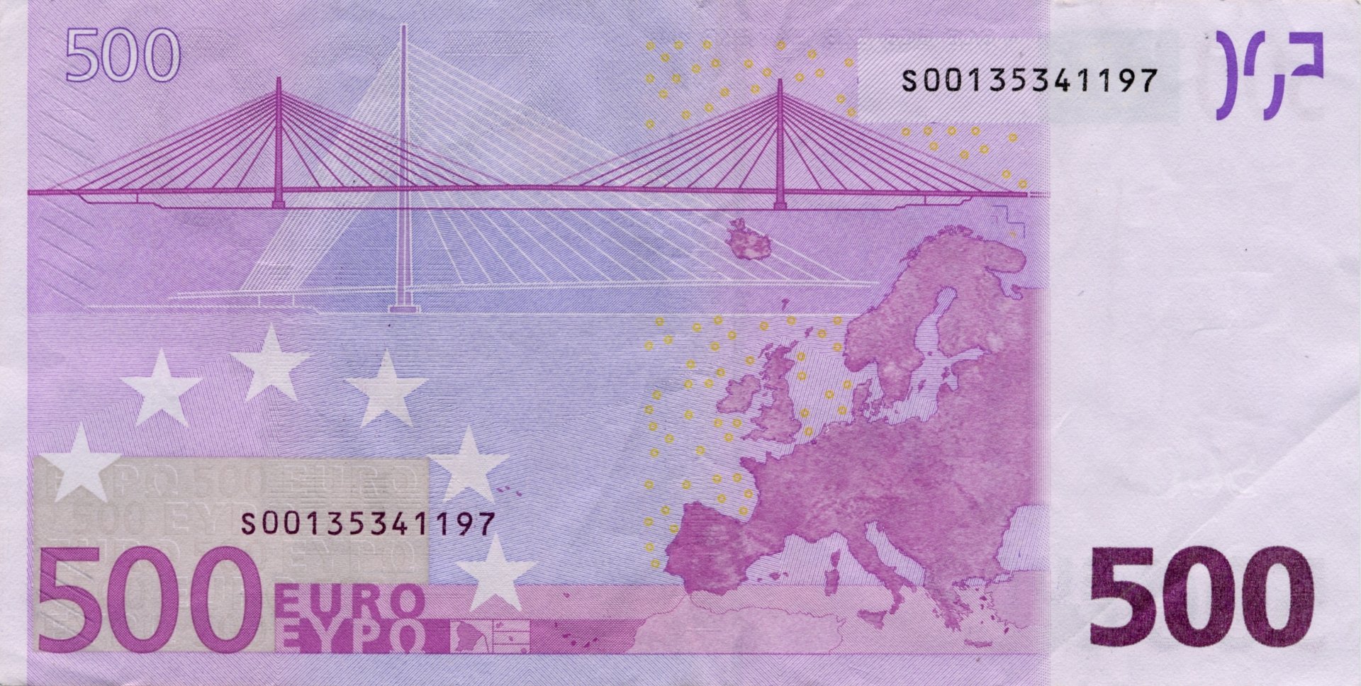 HD desktop wallpaper featuring a close-up of a man-made Euro banknote design with intricate details and a purple color scheme.