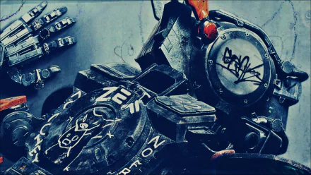 HD desktop wallpaper featuring the robot Chappie, with a graffiti-tagged face, against a grungy background.