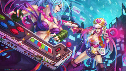 Vibrant 4K Ultra HD wallpaper featuring Sona and Miss Fortune from League of Legends, showcasing their dynamic styles and energetic poses in a colorful, gaming-themed setting.