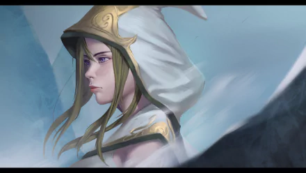 A digital artwork of Ashe from League of Legends, featuring her in a hooded outfit against a misty blue background, designed as a high-definition PC desktop wallpaper.
