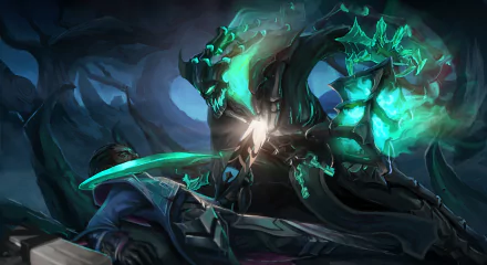 HD desktop wallpaper featuring a dark, eerie scene from League of Legends with characters Thresh and Lucian. Thresh, holding a glowing lantern, looms menacingly over Lucian, who is laying down, wielding a weapon.
