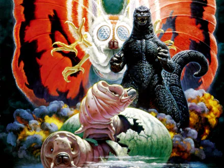 HD PC desktop wallpaper featuring iconic monsters Godzilla and Mothra from the movie Godzilla vs. Mothra with vibrant, detailed artwork.