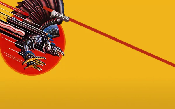 HD PC desktop wallpaper featuring Judas Priest-themed artwork with a robotic figure against a bold yellow and red background, reflecting the band's music style.