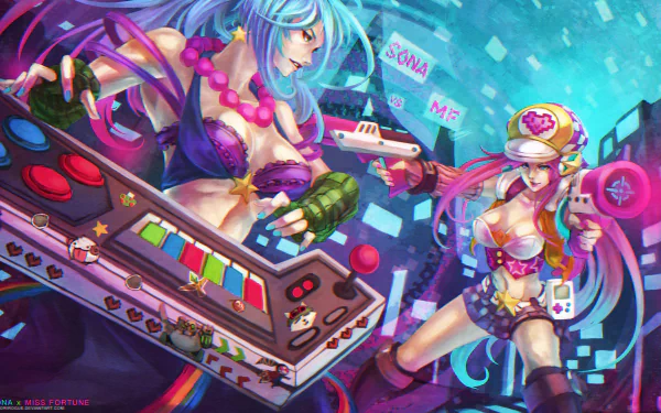 Vibrant 4K Ultra HD wallpaper featuring Sona and Miss Fortune from League of Legends, showcasing their dynamic styles and energetic poses in a colorful, gaming-themed setting.